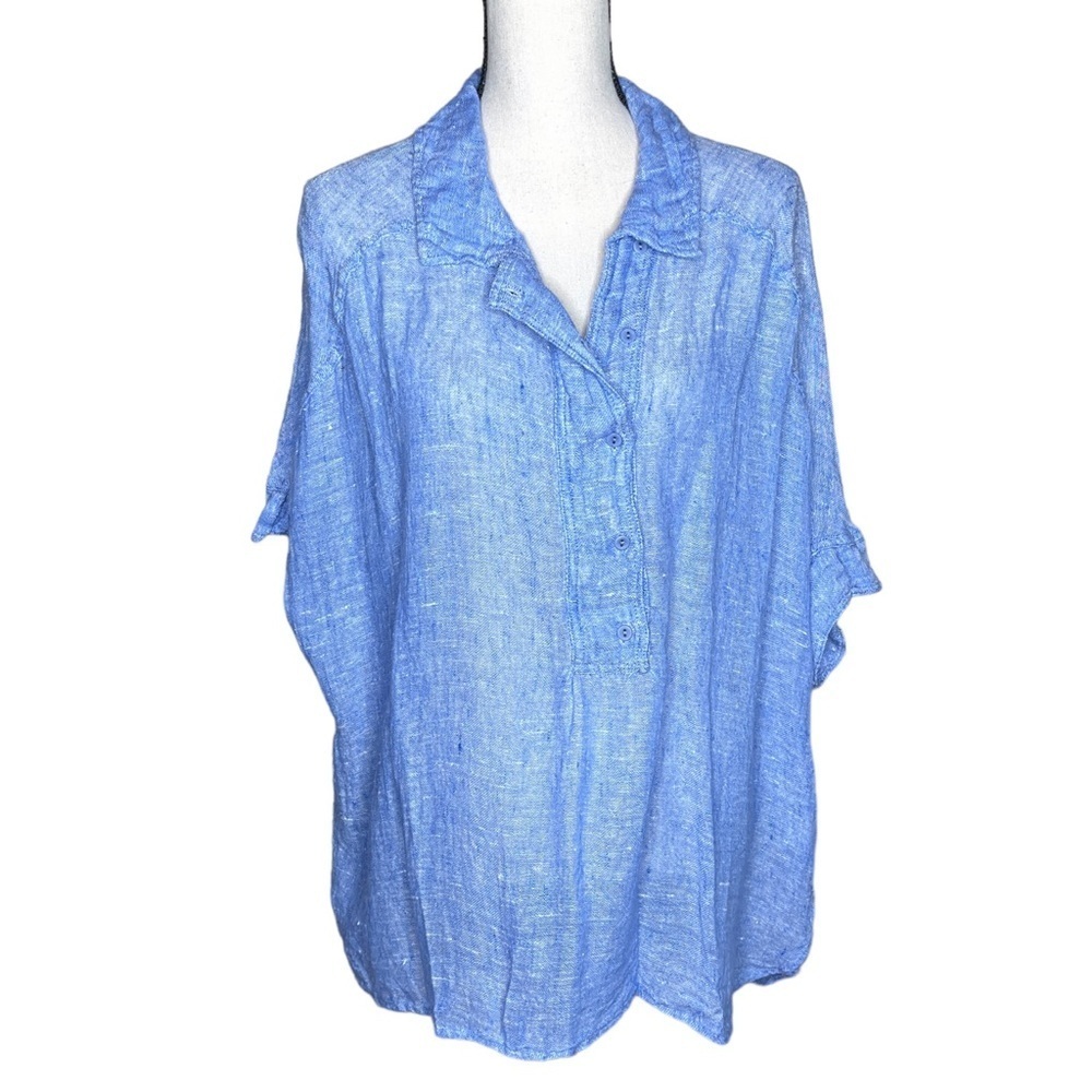 FLAX Blue 100% Linen Short Sleeve Lightweight Summer Oversized Tunic Top Small
